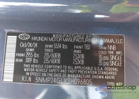 2025 Hyundai Santa Fe Sel z USA, uszkodzony, nr VIN 5NMP24GLXSH096805